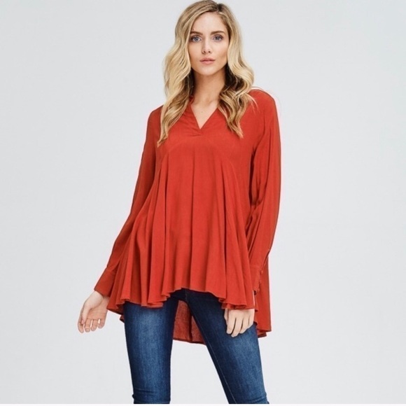 Crescent Burnt Orange “Ella” Hi-Lo Flowy Long Sleeve Boho Blouse - Picture 1 of 7